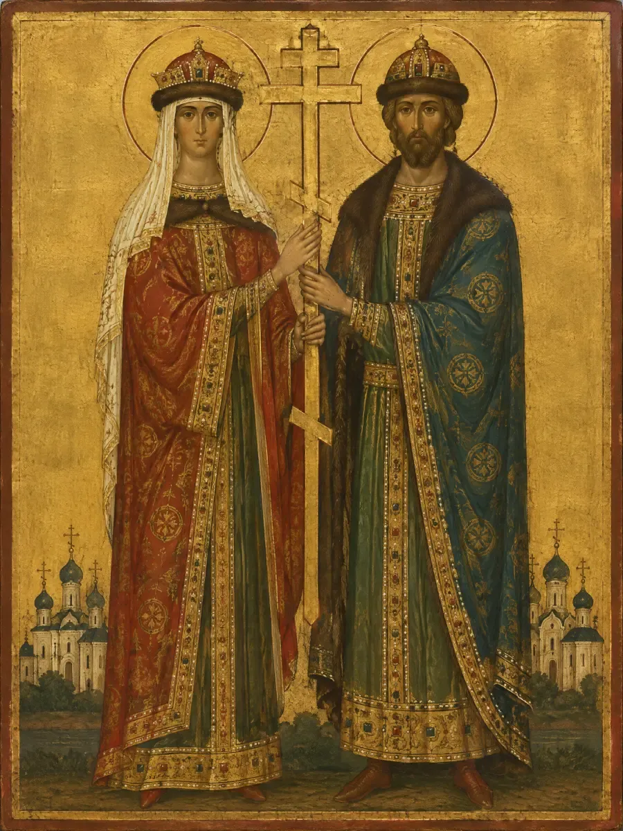Ikone der heiligen Olga und des heiligen Vladimir: Fürstin und Fürst in prächtigen Gewändern mit Kronen stehen nebeneinander und halten gemeinsam ein großes Kreuz, unter ihnen ein Fluss