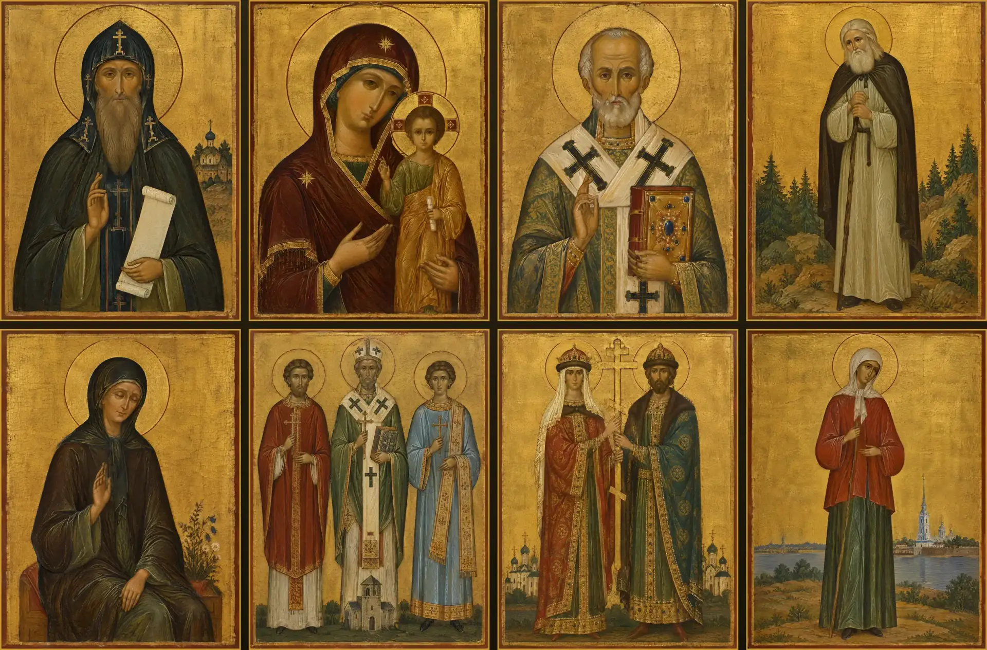Ikonenwand aus Ikonen der Heiligen: oben Sergij von Radonesch, die Gottesmutter von Kasan, Nikolaus der Wundertäter und Seraphim von Sarow, unten Matrona von Moskau, die Frankenapostel Kilian, Kolonat und Totnan, Olga und Vladimir und Xenia von Petersburg