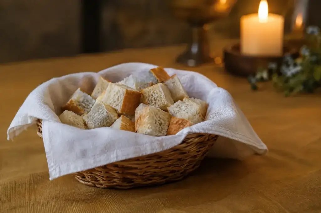 Antidoron, gesegnetes Brot in kleinen Stücken, in einem mit Leinen ausgelegten Körbchen, dahinter Kerzenlicht