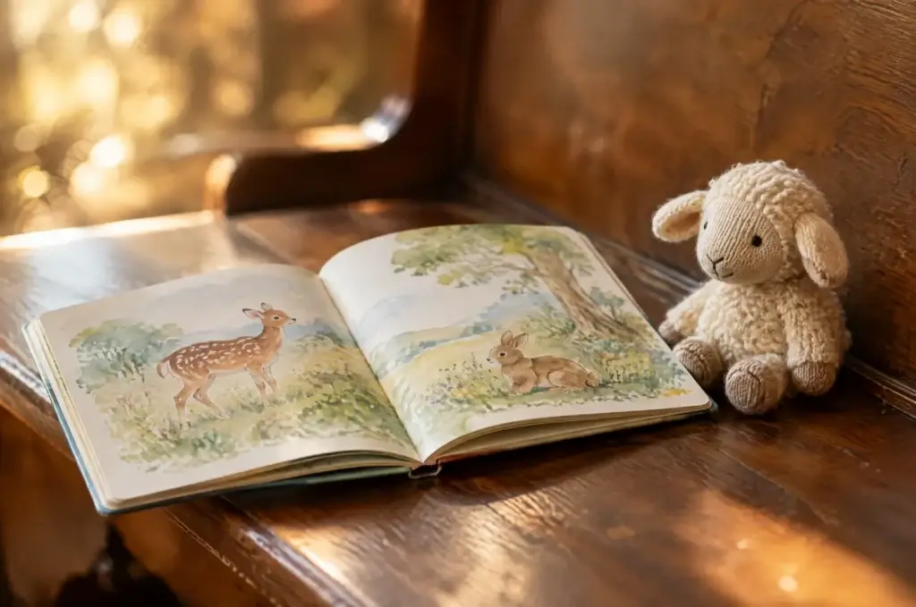 Aufgeschlagenes Bilderbuch mit Reh und Hase und ein gestricktes Schäfchen auf einer hölzernen Kirchenbank