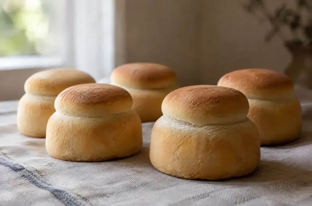 Fünf kleine runde Prosphoren, jede aus zwei aufeinandergesetzten Teigstücken gebacken, auf einem Leinentuch