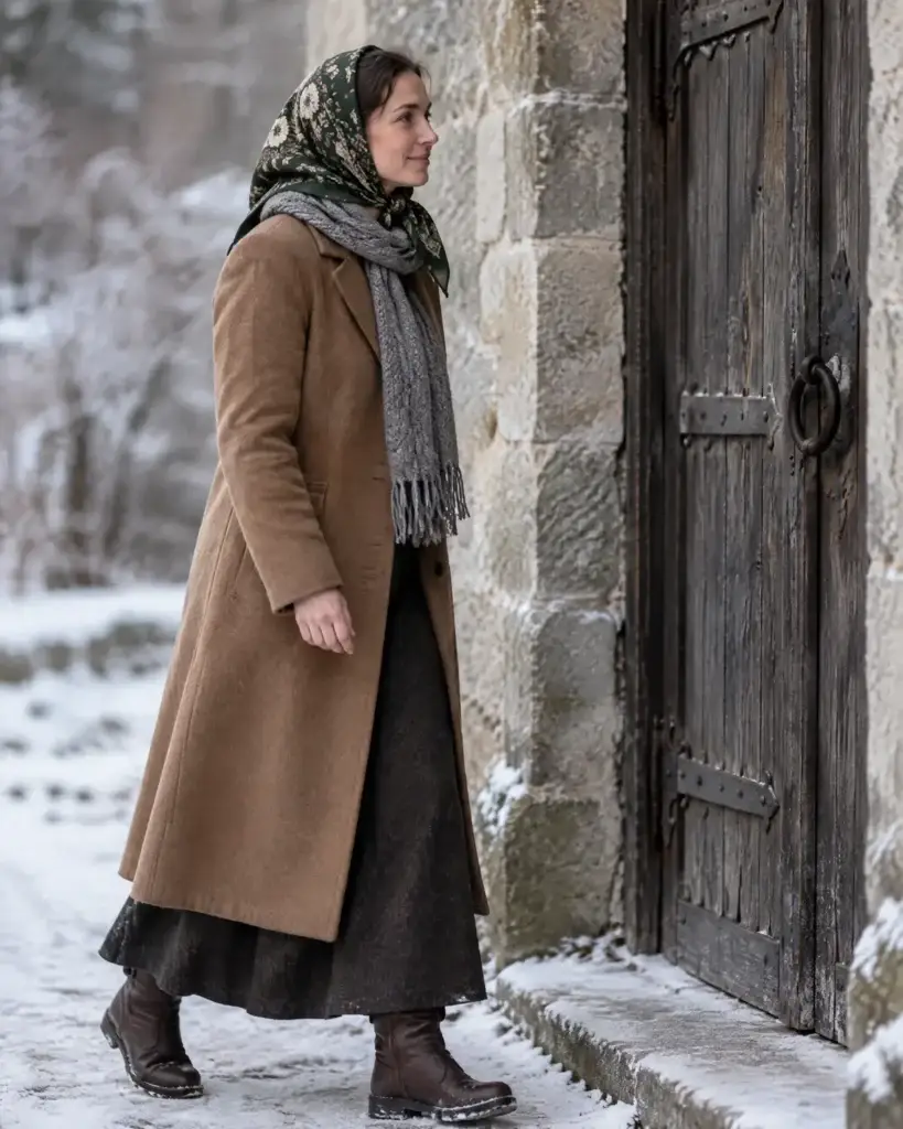 Frau in warmer Winterkleidung für den Kirchenbesuch: langer Mantel, Schal und Kopftuch; sie geht im Schnee auf eine alte Kirchentür zu